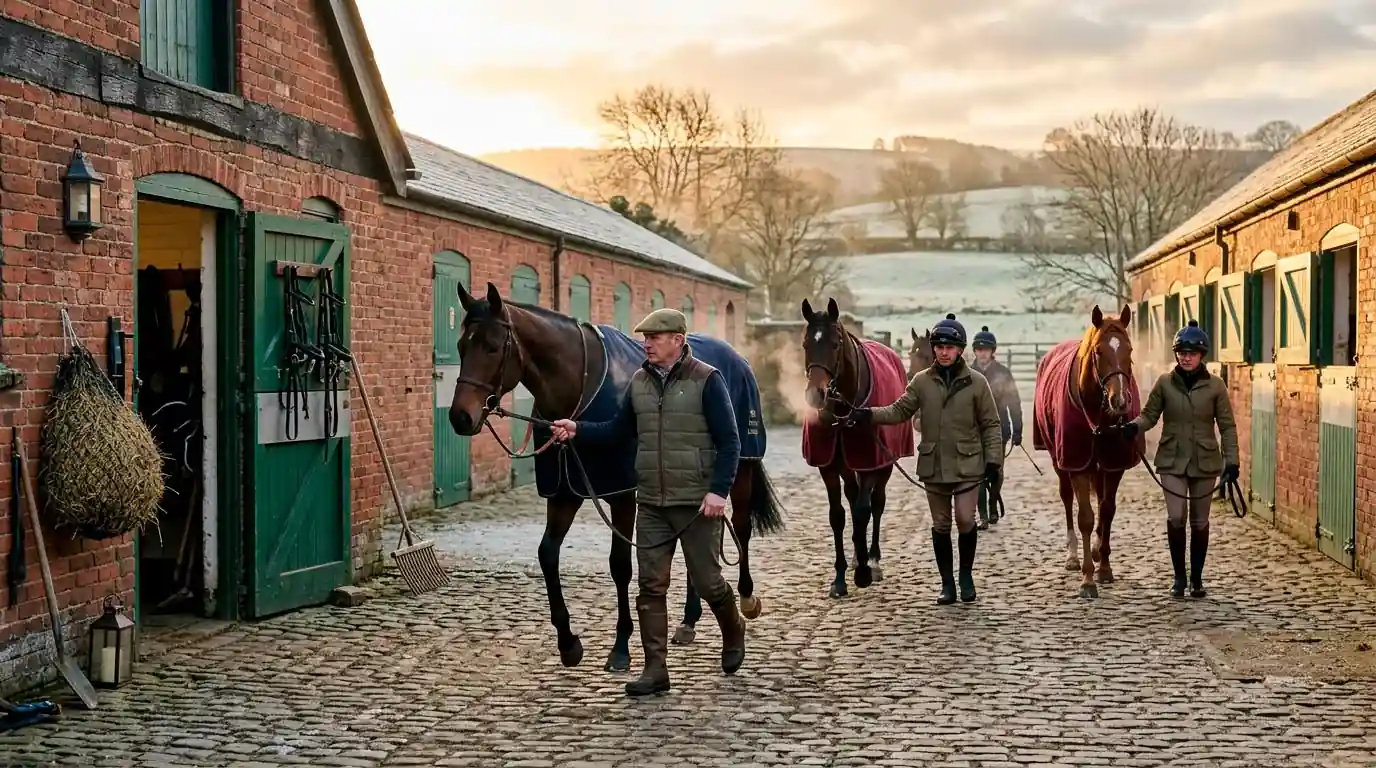 Early-morning gallops at a British racing yard with stable staff leading thoroughbreds