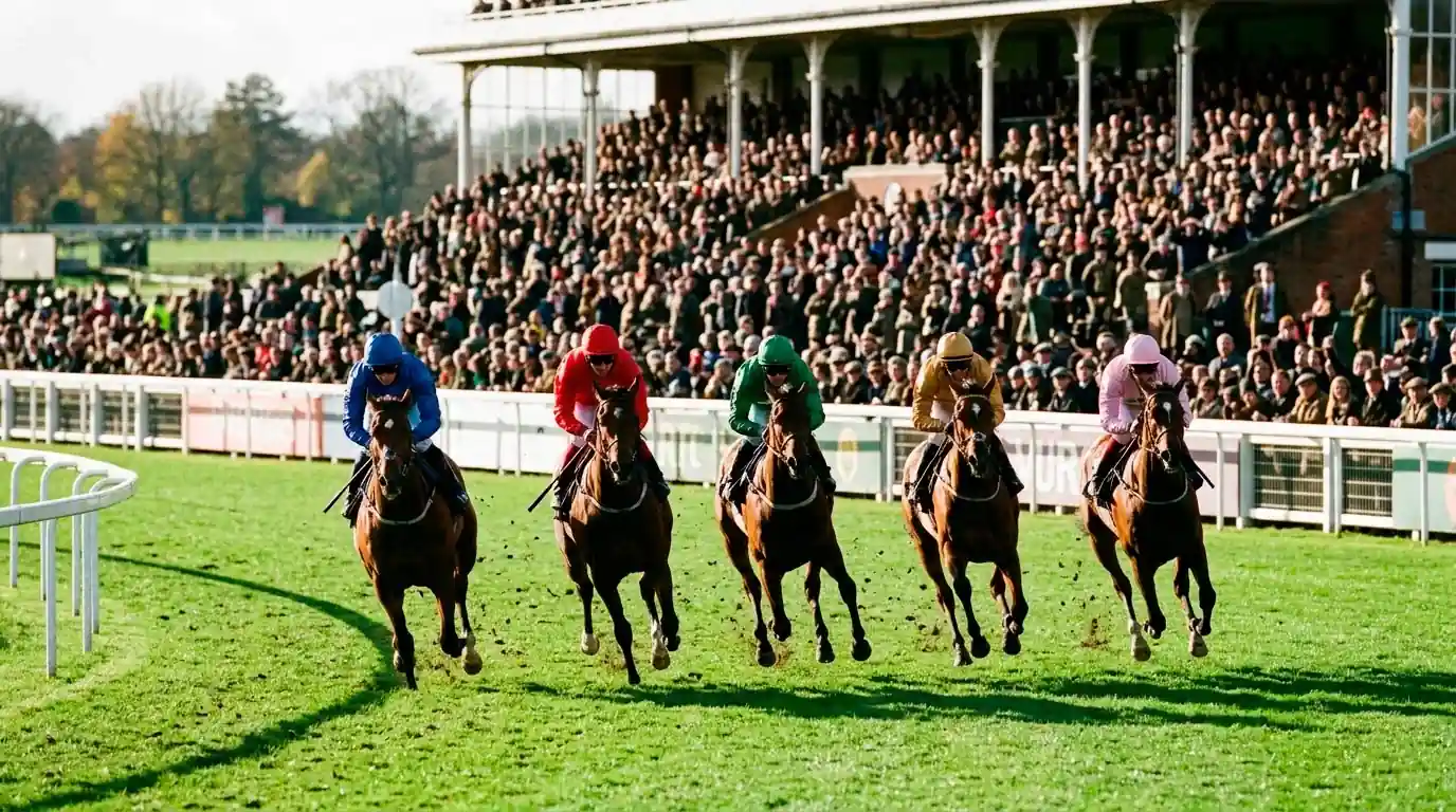 Saturday afternoon UK flat race with thoroughbreds coming round the final bend and a large crowd watching from the grandstand