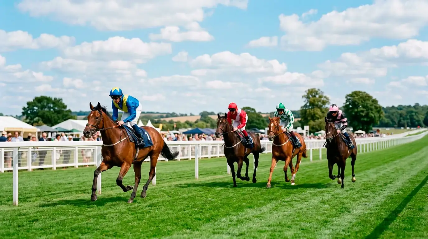 Four thoroughbred racehorses with jockeys in coloured silks cantering down to the start of a UK flat race on a sunny afternoon