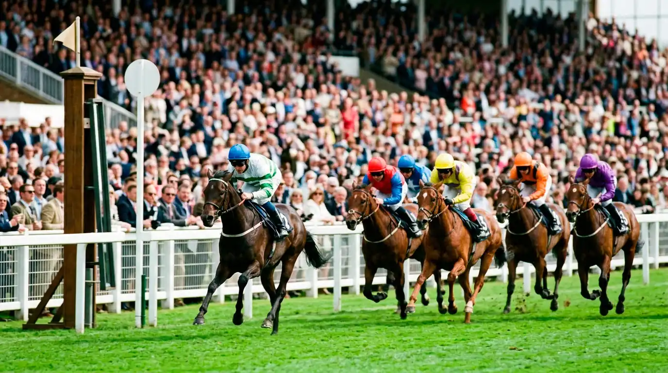Six thoroughbred racehorses with jockeys in coloured silks galloping past the winning post at a UK festival meeting with a packed grandstand behind