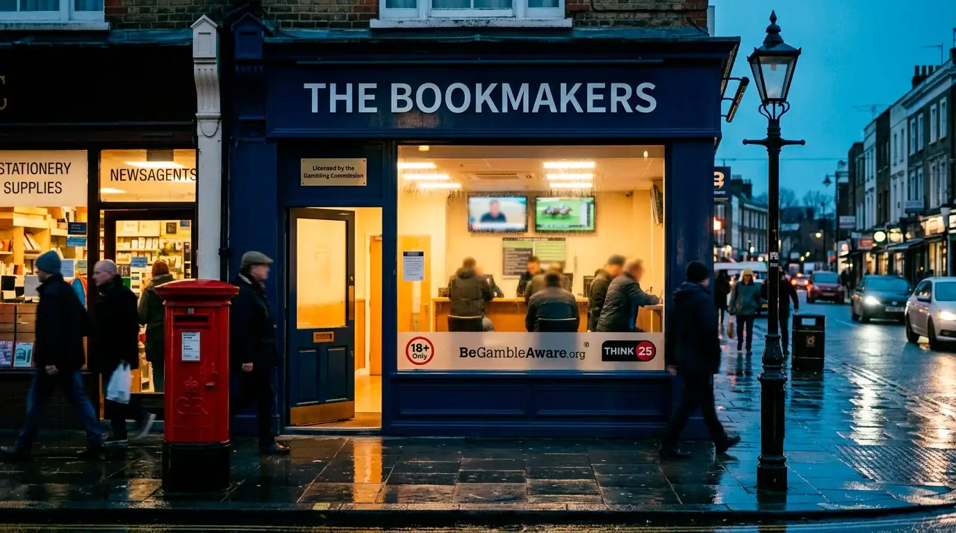 High-street UK licensed betting shop with BeGambleAware and 18+ signage visible in the window