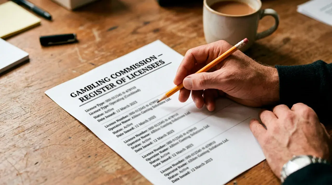 Punter inspecting a UK Gambling Commission licence number on a bookmaker's footer